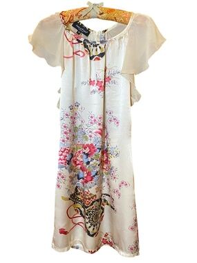 Adele Fado Italy 100% Y2K Silk Oriental Floral Cascading Ruffle Dress 40 2